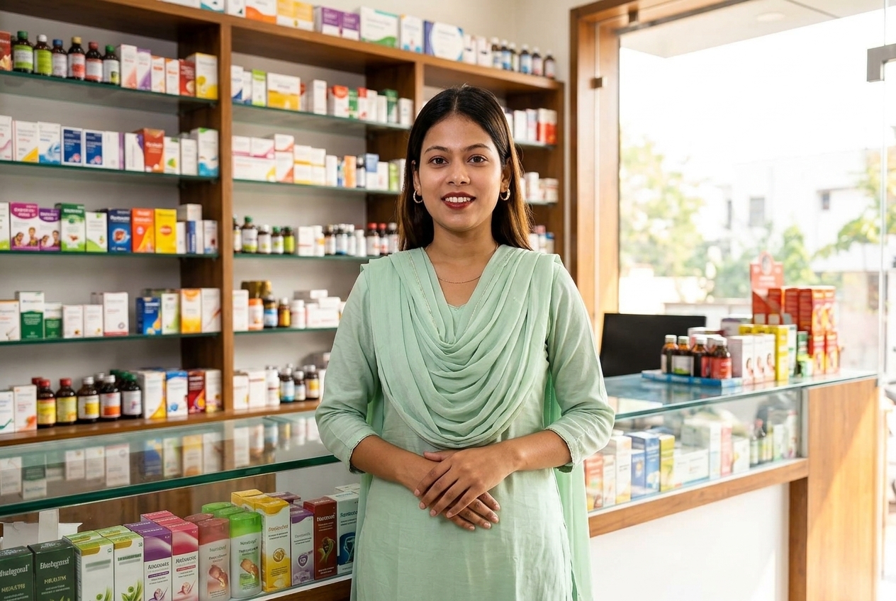 Trustmeds Pharma ki owner suit-salwar mein medical store par